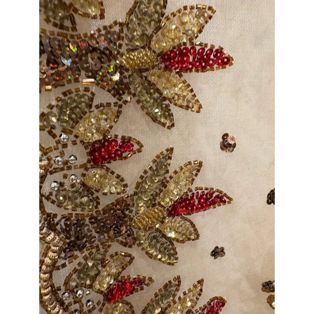 Embellished Sheer Table Runner Beaded Sequins‎ Red Gold Accent Decor